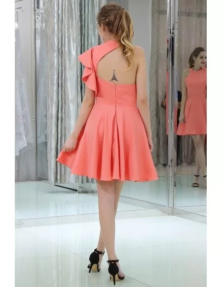 Watermelon Short Satin Evening Dress With One Shoulder Sleeve