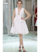 White Lace Deep V Short Prom Dress With Hand-made Flowers