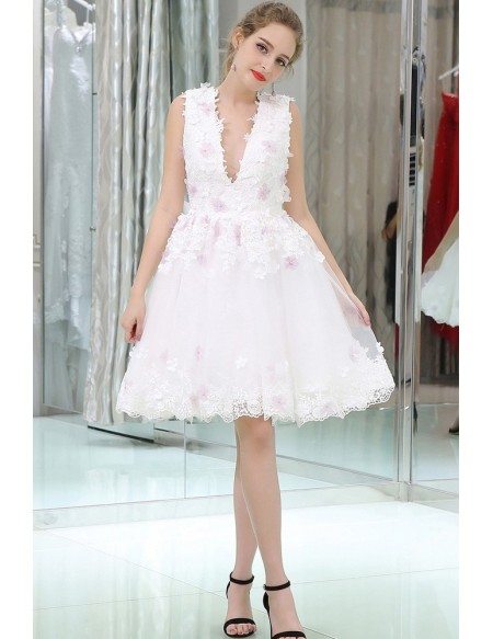 White Lace Deep V Short Prom Dress With Hand-made Flowers