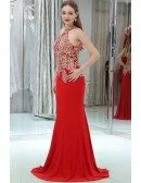 Long Halter Mermaid Little Trained Red Prom Dress With Gold Applique Lace