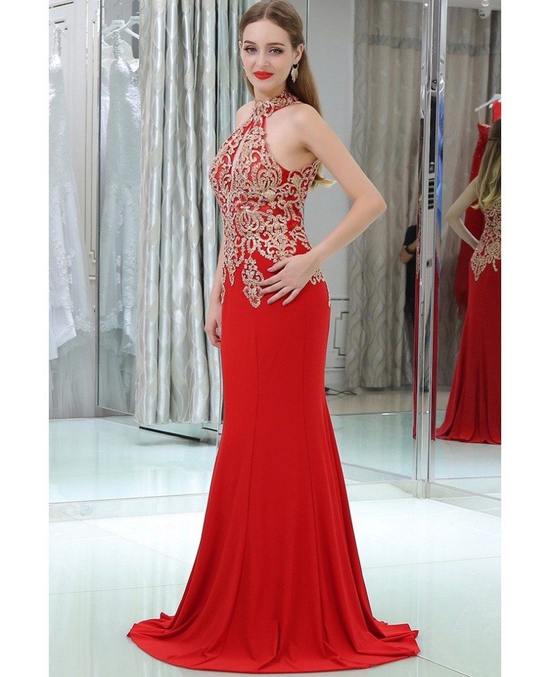 [$129.99] Long Halter Mermaid Little Trained Red Prom Dress with Gold Applique Lace #B062 