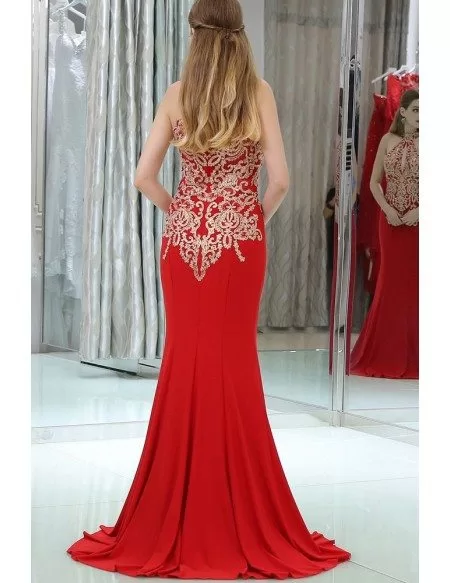 Long Halter Mermaid Little Trained Red Prom Dress With Gold Applique ...