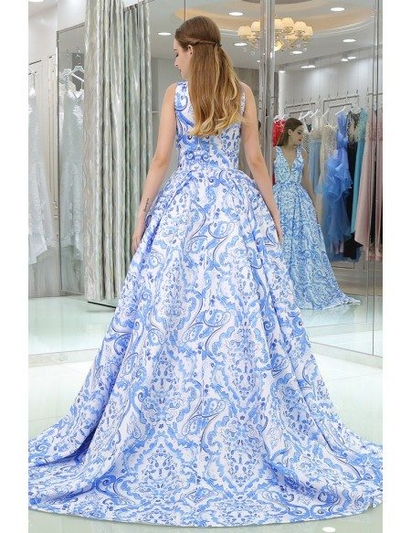 Gorgeous Long V Floral Print Blue Prom Gown With Sweep Train