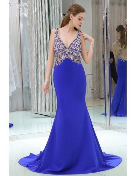 Shining Mermaid Long Blue Trained Prom Dress With Open Hole Back #B065 ...