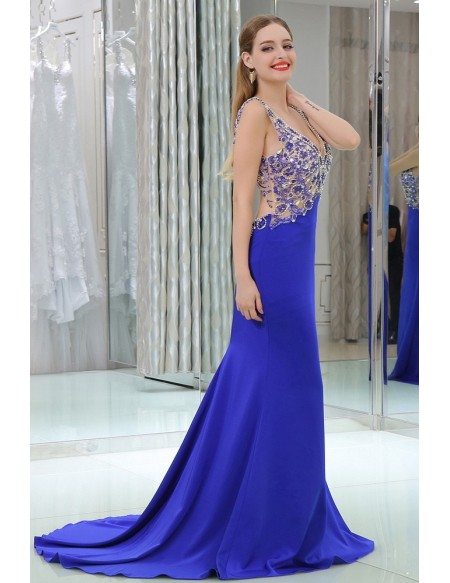 Shining Mermaid Long Blue Trained Prom Dress With Open Hole Back