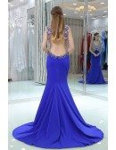 Shining Mermaid Long Blue Trained Prom Dress With Open Hole Back