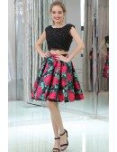 Two Piece Short Black Lace Beaded Party Prom Dress With Printed Floral