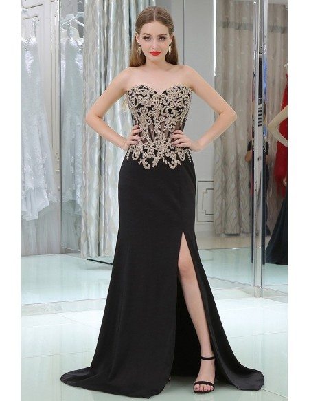 Applique Lace See Through Black Prom Dress With Split Front