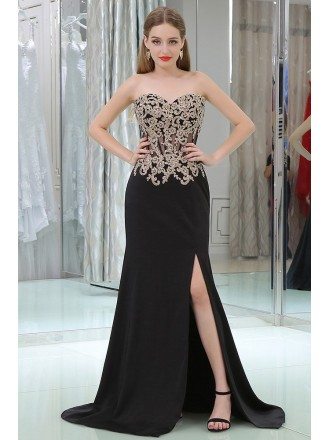 Applique Lace See Through Black Prom Dress With Split Front