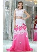 Two Pieces Lace Beaded Gradient White And Fuchsia Chiffon Prom Dresses