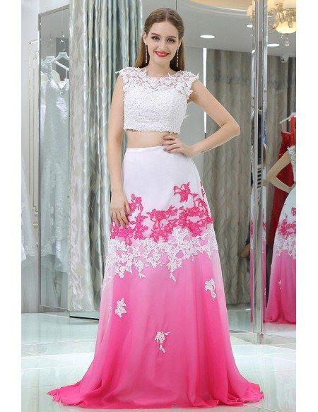 Two Pieces Lace Beaded Gradient White And Fuchsia Chiffon Prom Dresses