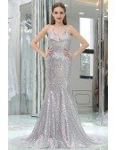 Sparkly Silver Sexy Sequined Mermaid Prom Dress With Long Train