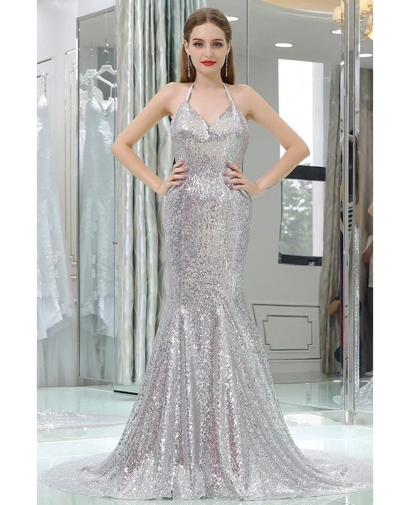 mermaid silver prom dress