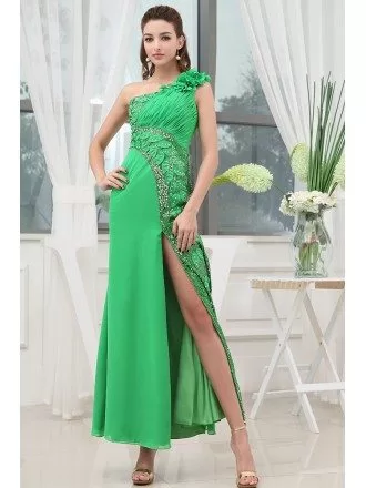 A-line One-shoulder Ankle-length Chiffon Prom Dress With Beading