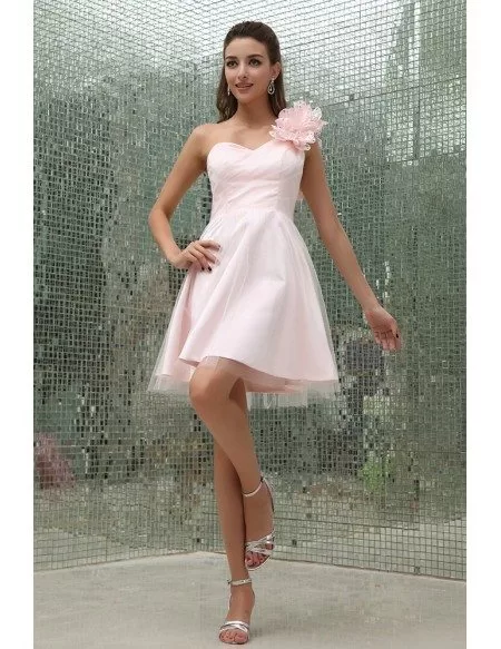 A-line One-shoulder Short Satin Homecoming Dress With Flowers
