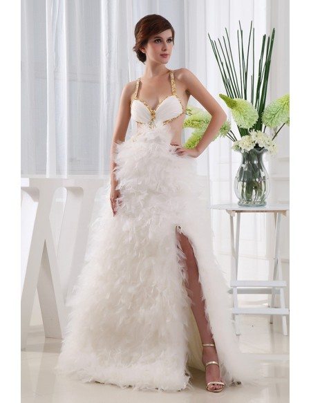 A-line V-neck Floor-length Tulle Prom Dress With Cascading Ruffle