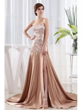 A-line Sweetheart Court Train Satin Evening Dress With Sequins
