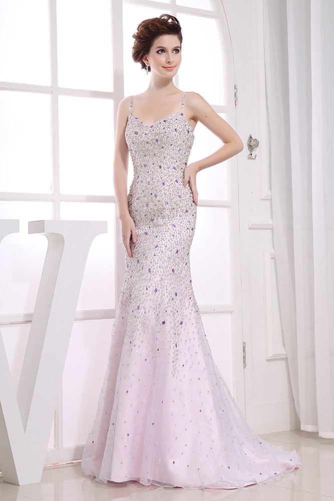 Mermaid V-neck Sweep Train Tulle Evening Dress With Beading #OP3167 ...