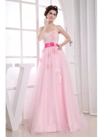A-line Sweetheart Floor-length Tulle Prom Dress With Appliques Lace
