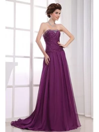 A-line Strapless Sweep Train Chiffon Evening Dress With Beading