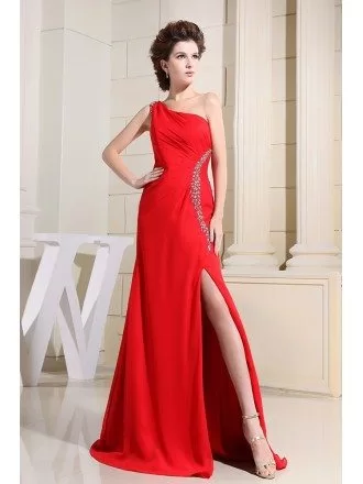Sheath One-shoulder Floor-length Chiffon Evening Dress With Beading