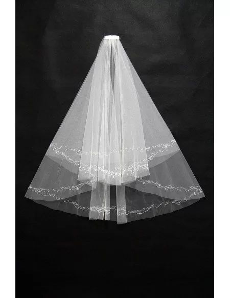 Simple Short White Wedding Veil with Beading