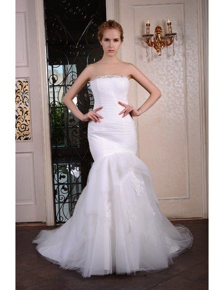 Mermaid Strapless Court Train Organza Wedding Dress With Beading Appliquer Lace Pleated