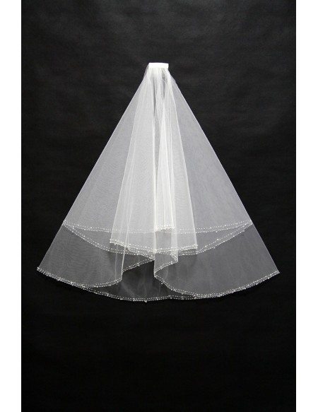 Simple Short Ivory Wedding Veil with Beading Hem