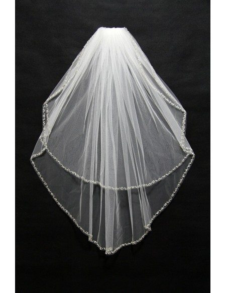 Simple White Tulle Bridal veil with beaded hem