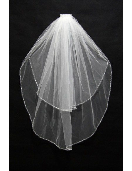 Simple Beaded Short White Wedding Veil 2 Layers