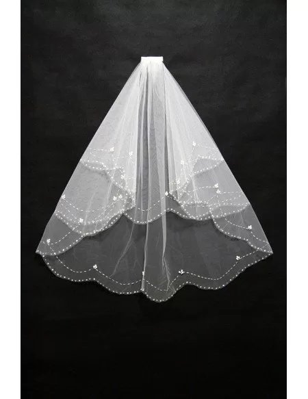 Short White Beading Bridal Veil with Comb