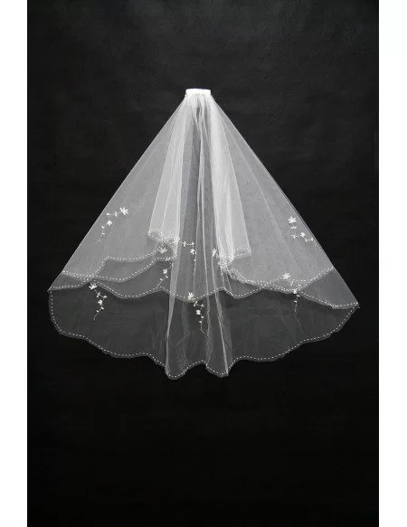 Simple Short Beaded Bridal Veil in Elbow Length