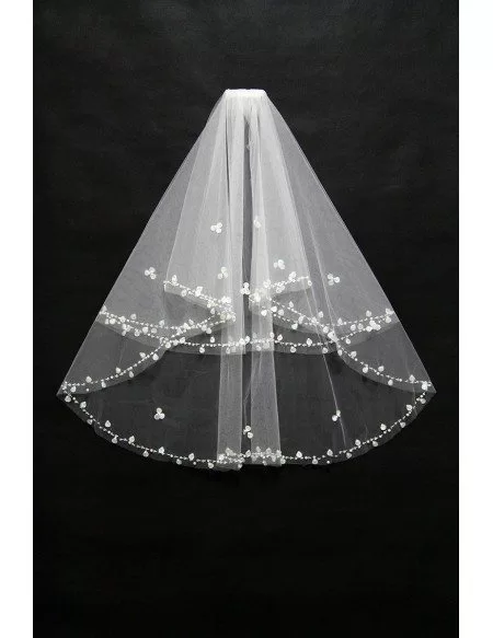 Tulle Beaded Simple Bridal Veil in Ivory