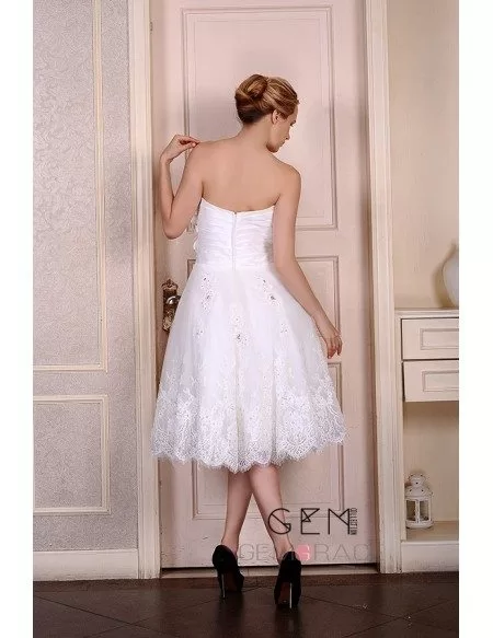 A-Line Sweetheart Tea-Length Satin Tulle Wedding Dress With Beading Appliquer Lace Flowers