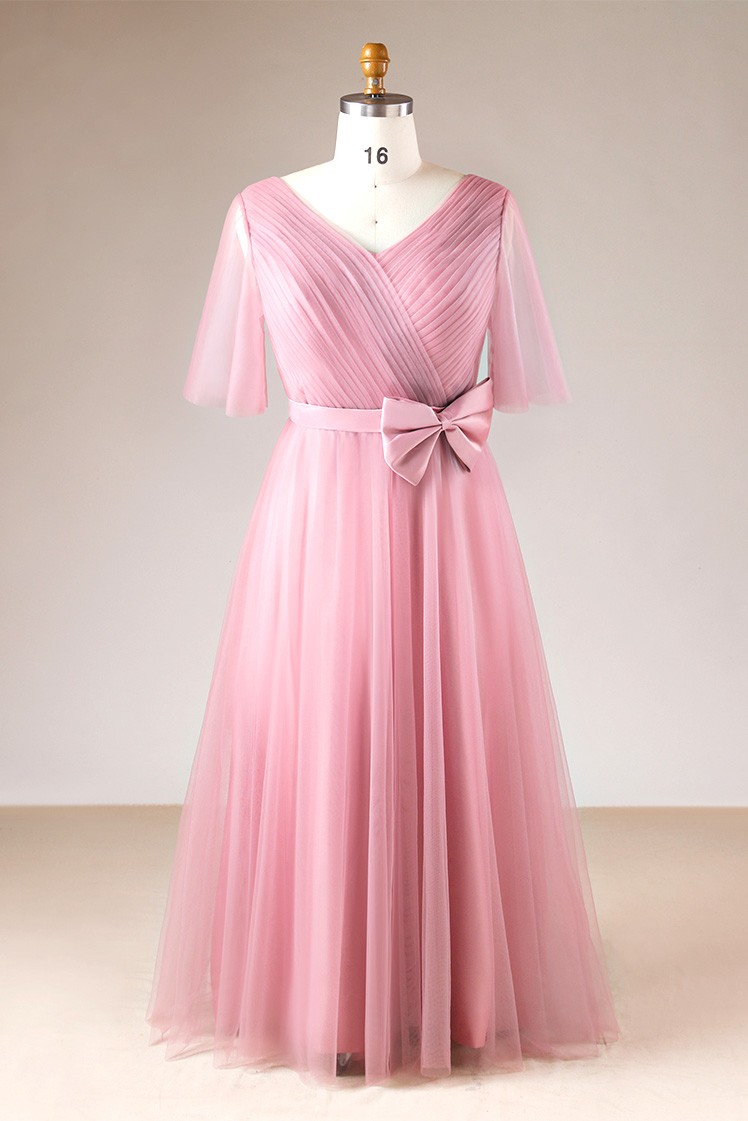 Plus Size Rose Pink Pleated V-neck Long Formal Dress With Sleeves #MN002 - GemGrace.com Plus Size Rose Pink Pleated V-neck Long Formal Dress With Sleeves #MN002 - GemGrace.com