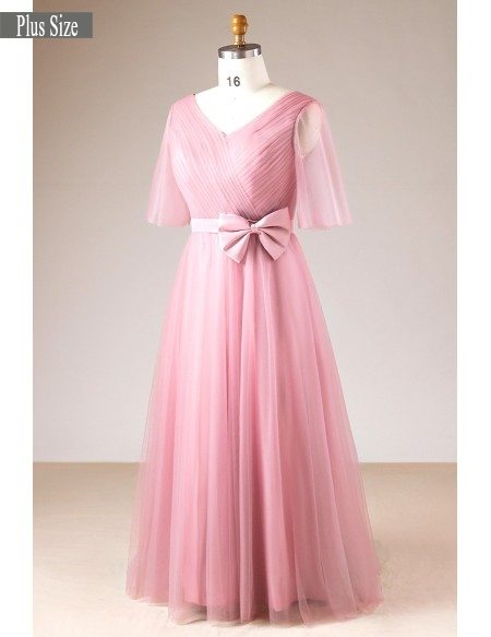 Plus Size Rose Pink Pleated V-neck Long Formal Dress With Sleeves