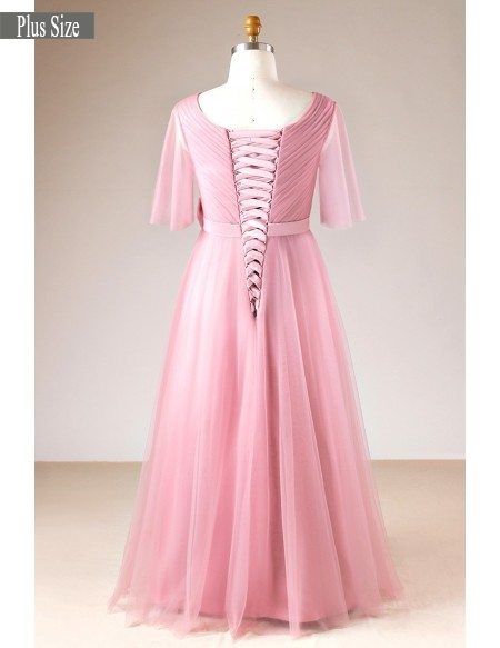 Plus Size Rose Pink Pleated V-neck Long Formal Dress With Sleeves