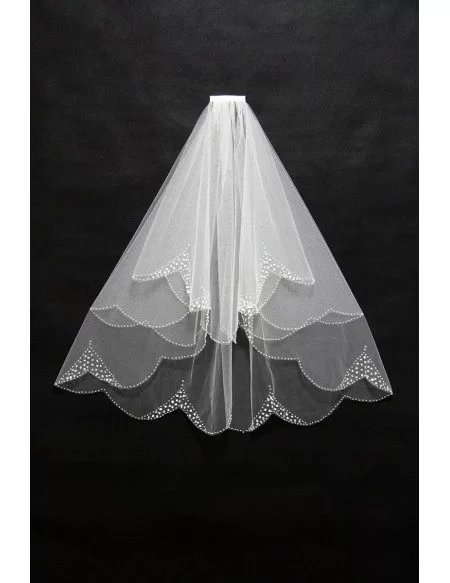 Elegant Short Tulle Beaded Wedding Veil with Comb