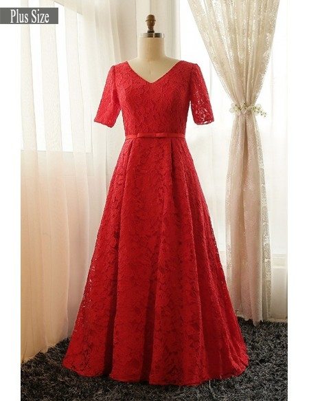 Plus Size Full Red Lace V-neck Long Formal Dress With Short Sleeves # ...