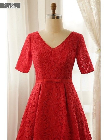 Plus Size Full Red Lace V-neck Long Formal Dress With Short Sleeves