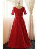 Plus Size Full Red Lace V-neck Long Formal Dress With Short Sleeves