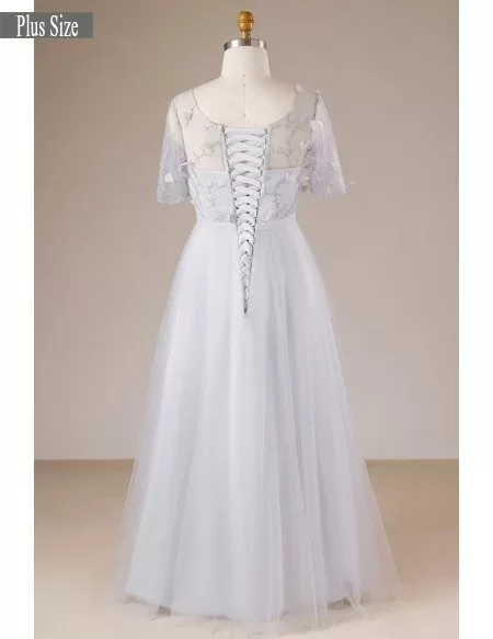 Modest Dusty Grey Plus Size Long Tulle Formal Dress With Sheer Sleeves