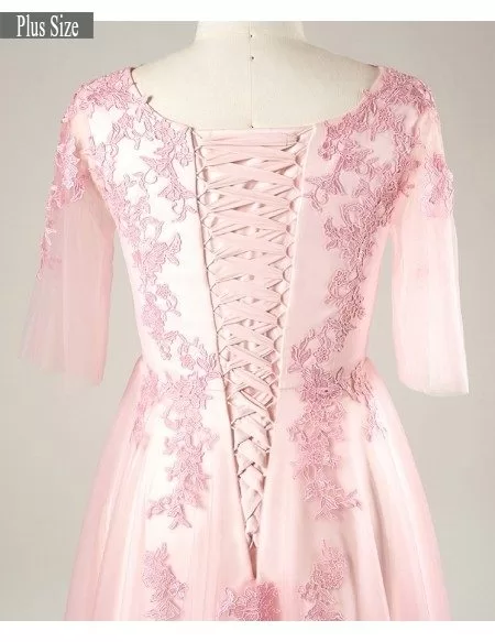 Plus Size Pink Lace And Tulle Short Formal Occasion Dress With Short Sleeves