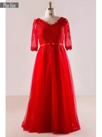 Plus Size Red Lace And Tulle Long Formal Occasion Dress With Half Sleeves