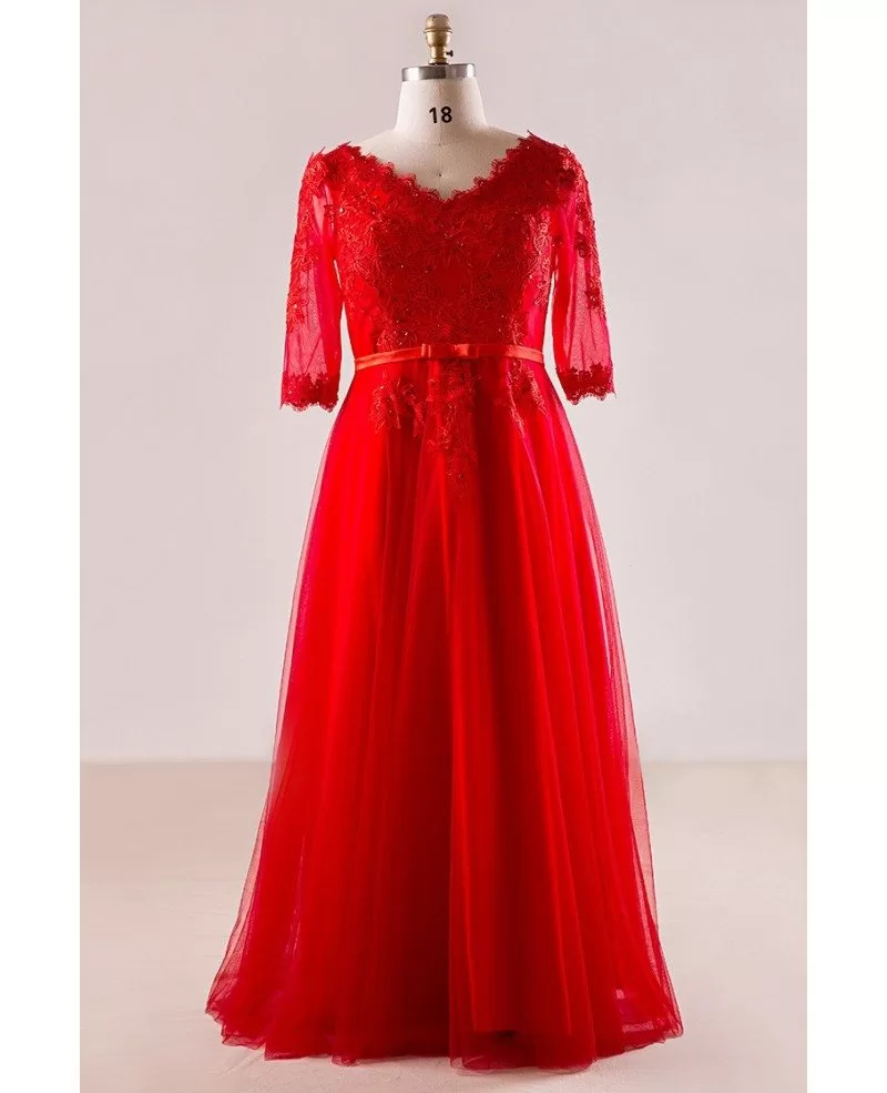 Plus Size Red Lace And Tulle Long Formal Occasion Dress With Half ...