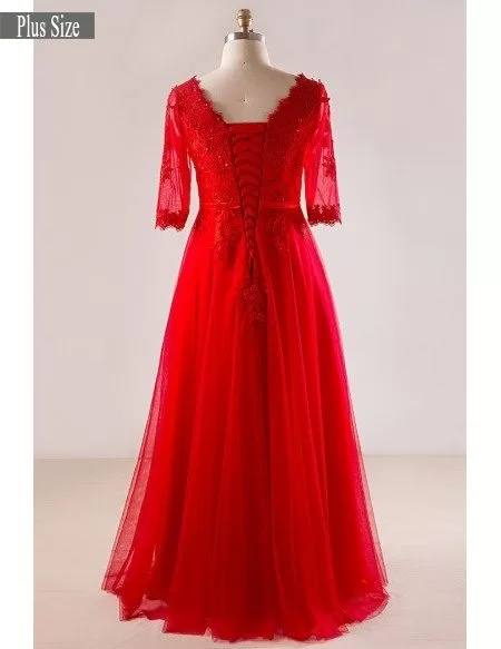 Plus Size Red Lace And Tulle Long Formal Occasion Dress With Half Sleeves