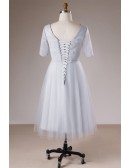 Modest Dusty Grey V-neck Lace And Tulle Short Formal Dress With Sleeves