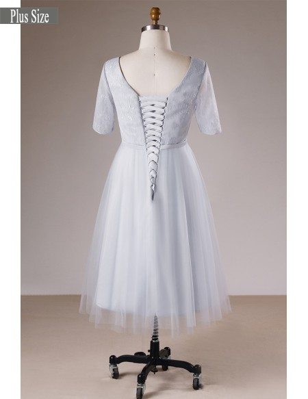 Modest Dusty Grey V-neck Lace And Tulle Short Formal Dress With Sleeves