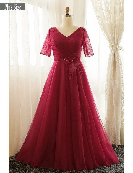 Plus Size Burgundy Long Tulle Formal Party Dress With Short Sleeves