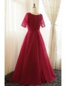 Plus Size Burgundy Long Tulle Formal Party Dress With Short Sleeves